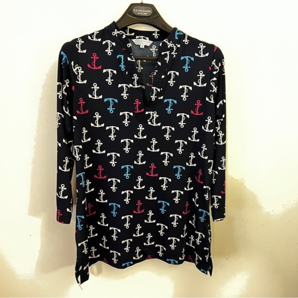 Escapada Living Navy Anchor Print Tunic Top Nautical Coastal Beach Size M